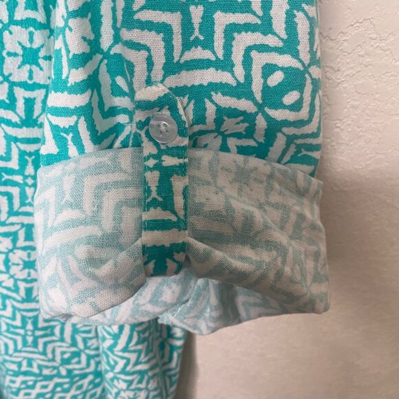 Jessica London Linen Blend Blouse Womens 30 W Plus Size Geometric Roll Tab Sleev - Picture 6 of 15